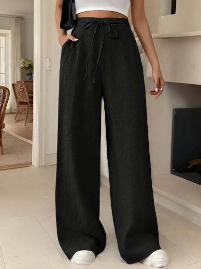 CARLA – Pantalones anchos de lino de talle alto con cordón ajustable para mujer