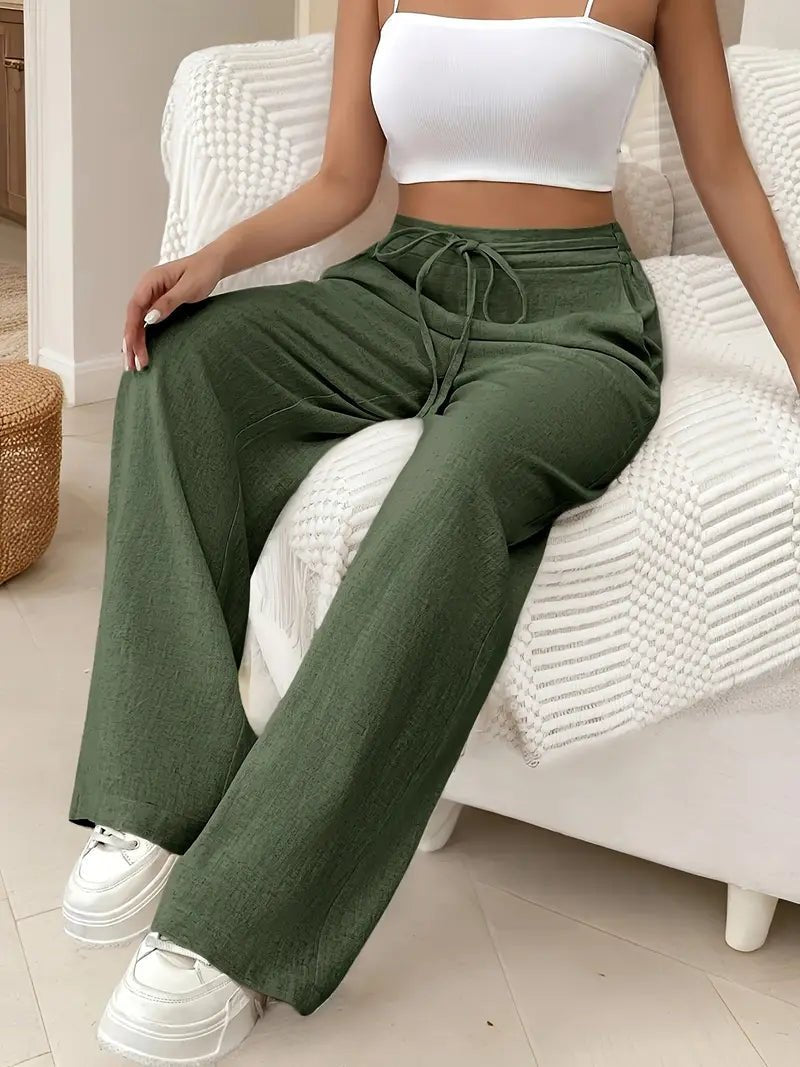SOFÍA – Pantalones anchos de lino de talle alto con cordón ajustable para mujer